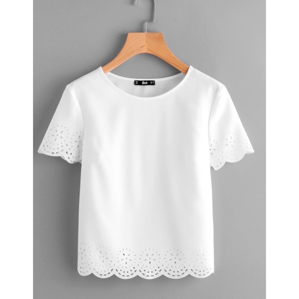 SHEIN White Scallop‎ Hem Eyelet Blouse Feminine Summer Top Short Sleeve Small